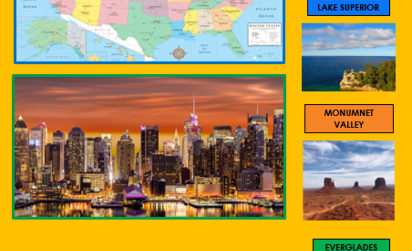 Image of USA travel brochure of physical landmarks.